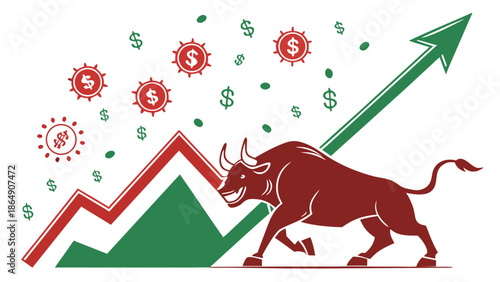 Bull market symbol with rising stock graph and currency symbols.