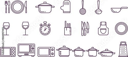 Black and white kitchen utensil and cookware icon set with plates pots appliances, minimalist line art vector collection