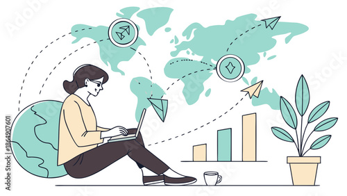 Woman working on laptop connected to global network with world map.