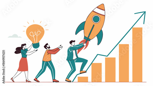 Team launching rocket with idea lightbulb and growth chart.