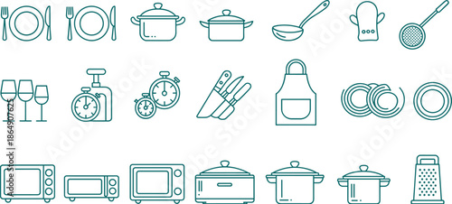 Black and white kitchen utensil and cookware icon set with plates pots appliances, minimalist line art vector collection