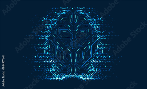 Glowing digital brain made of circuit lines with particle data effect on dark blue background, representing artificial intelligence neural network technology and futuristic computing concept.