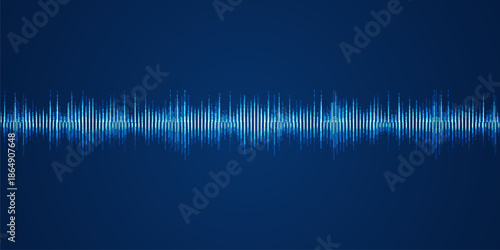 Glowing digital audio waveform on dark blue background with dynamic sound signal visualization, representing music technology data rhythm and modern audio communication concept.