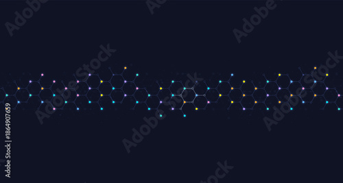 Glowing hexagon network line with colorful connection nodes on dark background, representing data connectivity molecular structure and modern technology network concept.