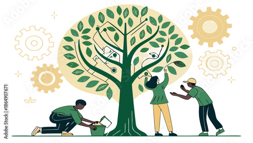 Teamwork and Technology Tree Growth Concept.