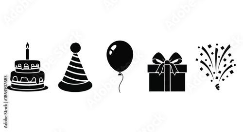 Collection of black and white icons representing essential elements for a cheerful celebration or birthday event.
