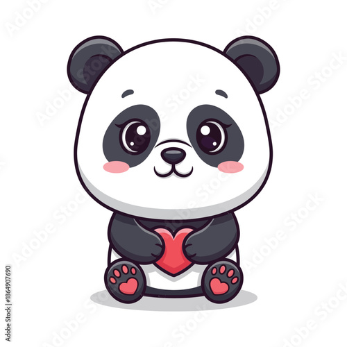 Cute cartoon panda bear with big eyes and red heart on shirt