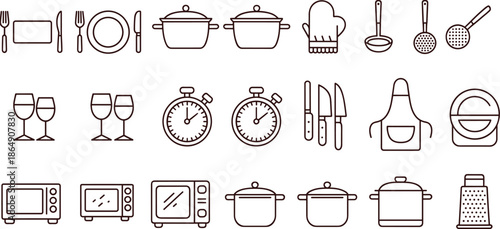Black and white kitchen utensil and cookware icon set with plates pots appliances, minimalist line art vector collection