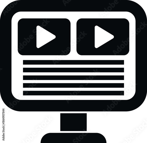 Computer monitor displaying video tutorials with play buttons and text