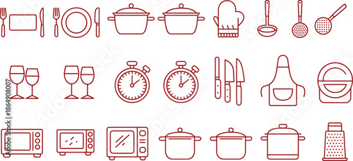 Black and white kitchen utensil and cookware icon set with plates pots appliances, minimalist line art vector collection