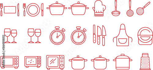 Black and white kitchen utensil and cookware icon set with plates pots appliances, minimalist line art vector collection