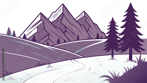 Stylized Mountain Landscape with River and Pine Trees.