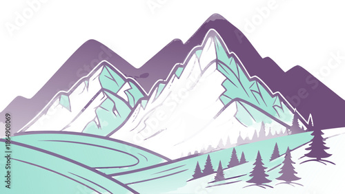 Stylized illustration of majestic snow-capped mountains and pine trees.