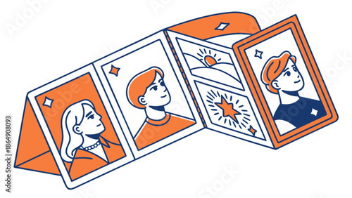 Illustrated Accordion Fold Out Displaying People and Scenes.