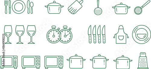Black and white kitchen utensil and cookware icon set with plates pots appliances, minimalist line art vector collection