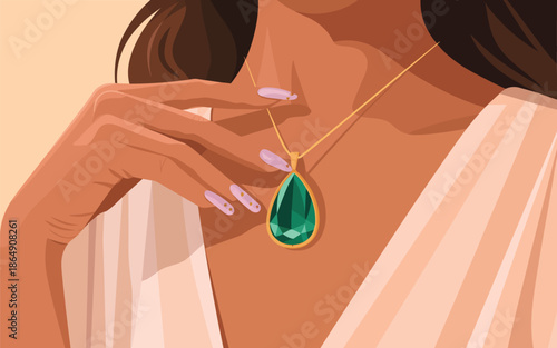 A woman wearing a green teardrop pendant necklace around her neck