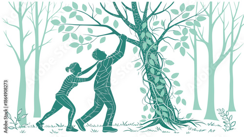 Couple working together to save a tree from vines.