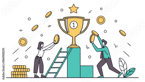 People celebrating success with trophy and coins illustration.
