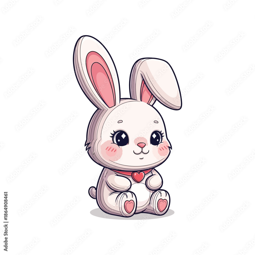 Obraz premium Cute cartoon bunny with big ears and red bowtie sitting