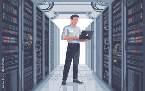 Man standing in data center aisle with laptop, surrounded by server racks