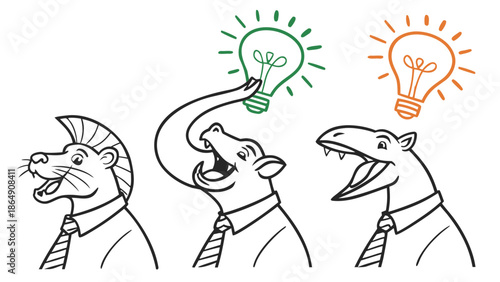 Three cartoon animals in business attire with lightbulbs representing ideas.