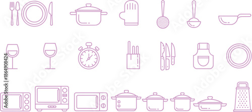 Black and white kitchen utensil and cookware icon set with plates pots appliances, minimalist line art vector collection