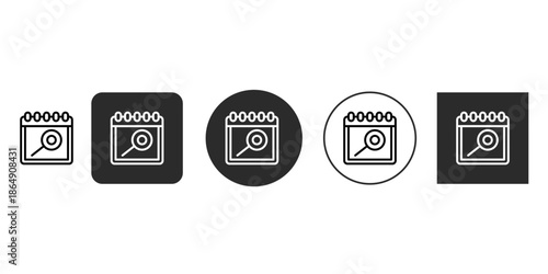 Calendar icon with magnifying glass search symbol | Find appointment date line vector icon set | Searching for specific dates in a spiral notebook calendar | Schedule lookup flat glyph symbol 