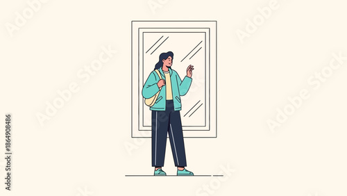 Young woman standing in front of a mirror checking her reflection while holding a backpack and