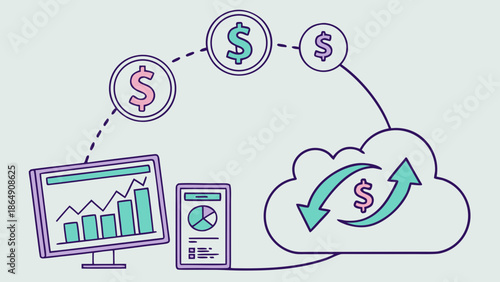 Digital finance concept with computer and cloud storage.