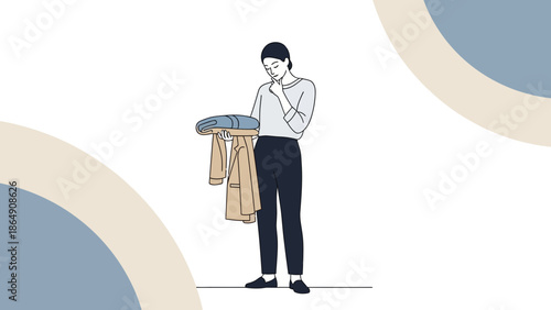 Young woman thoughtfully inspecting her clothes while standing against abstract background