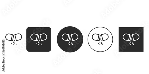 Split capsule icon pouring medicine powder vector graphic | Open pill icon dispersing drug granules UX design element | Monochrome pharmaceutical supplement dosage concept illustration 
