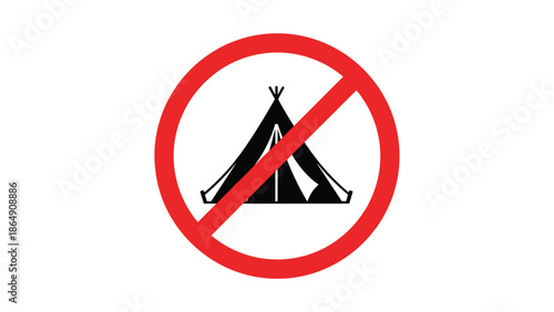 Simple red and black prohibition sign meaning no camping, with a crossed-out tent icon isolated on a clean white background for public spaces.