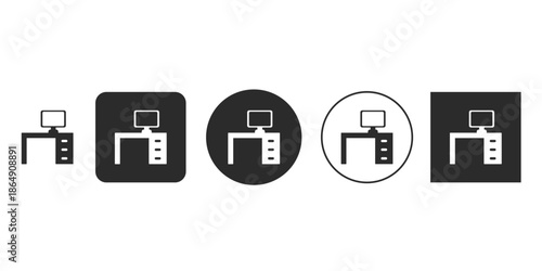Minimalist computer desk icon vector illustration | Workplace and office workstation solid black glyph | Desktop PC monitor and table with drawers logo | Modern home office digital work setup symbol