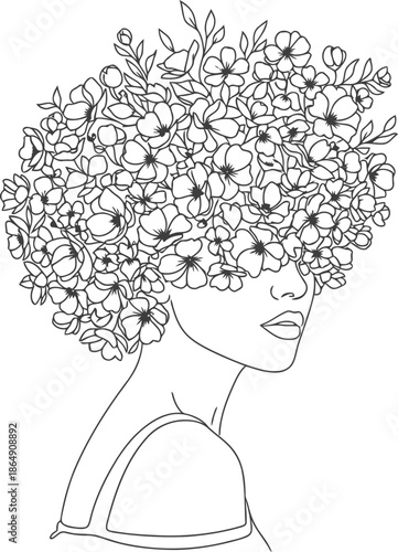 Elegant line art portrait of a woman with a floral hair crown