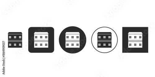 Minimalist two-story residential building icon vector set | Black and white flat graphic illustration for property search interface | Simple dwelling sign UI kit element design in multiple formats