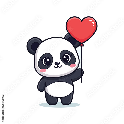 Cute panda holding red heart balloon with rosy cheeks smiling