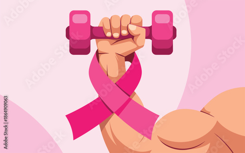 A hand holding a pink ribbon and dumbbell, symbolizing breast cancer awareness and fitness