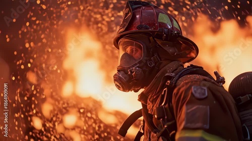 Firefighter in protective gear battling intense flames during firefighting operation