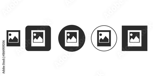 Black and white gallery icon set for user interface design | Simple vector image placeholder symbol variations | Minimalist landscape picture frame UI elements | Photo album logo glyph for web and app