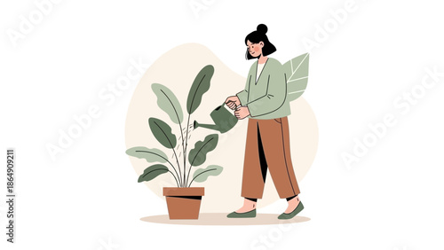 Illustration of a woman taking care of indoor plants in a modern home setting