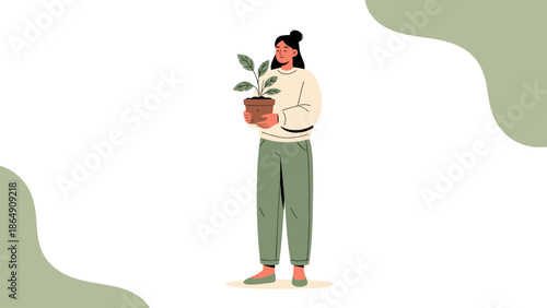 Illustration of a woman holding a potted plant representing growth and nature