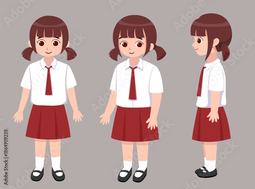 Girl Indonesian Cute School Children Character Front Side View