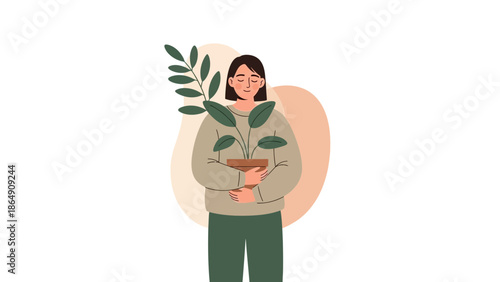 illustration of a woman holding a potted plant with green leaves and a neutral background
