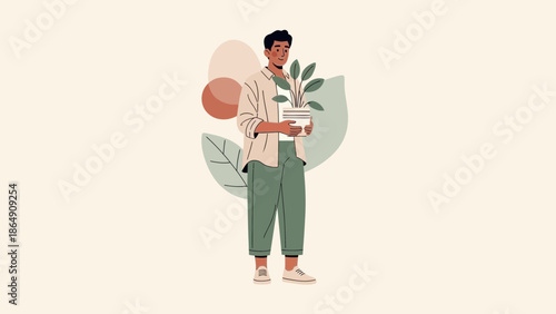 Young man holding a potted plant with green leaves in minimalist illustration style