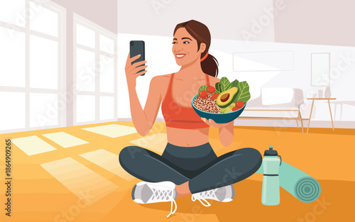 Woman enjoying healthy food in a serene yoga studio with a mobile phone