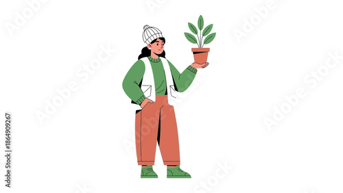 Illustration of a young woman gardener holding a potted plant wearing casual and creative outdoor