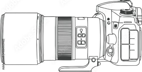Detailed outline drawing of a modern professional dslr camera with lens
