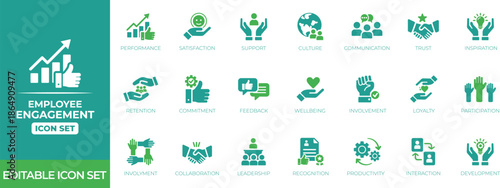 Modern employee engagement icon set for corporate hr, pulse surveys, hiring, motivation, support, office, skill, workplace culture, team recognition, career growth, and retention tools.