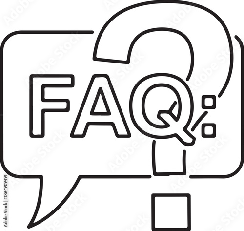 A minimalist black and white outline vector featuring a speech bubble containing the acronym "FAQ" layered behind a large, bold question mark. Ideal for help and support sections.