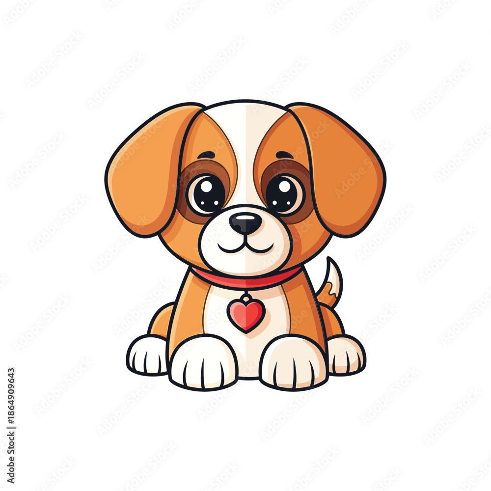 Fototapeta premium Cute cartoon puppy with red heart pendant on red collar sitting